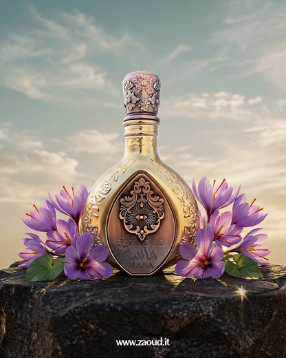 Lattafa Pride Masa perfume bottle placed on stone with purple flowers and sky background, highlighting a luxurious fruity saffron fragrance aesthetic.