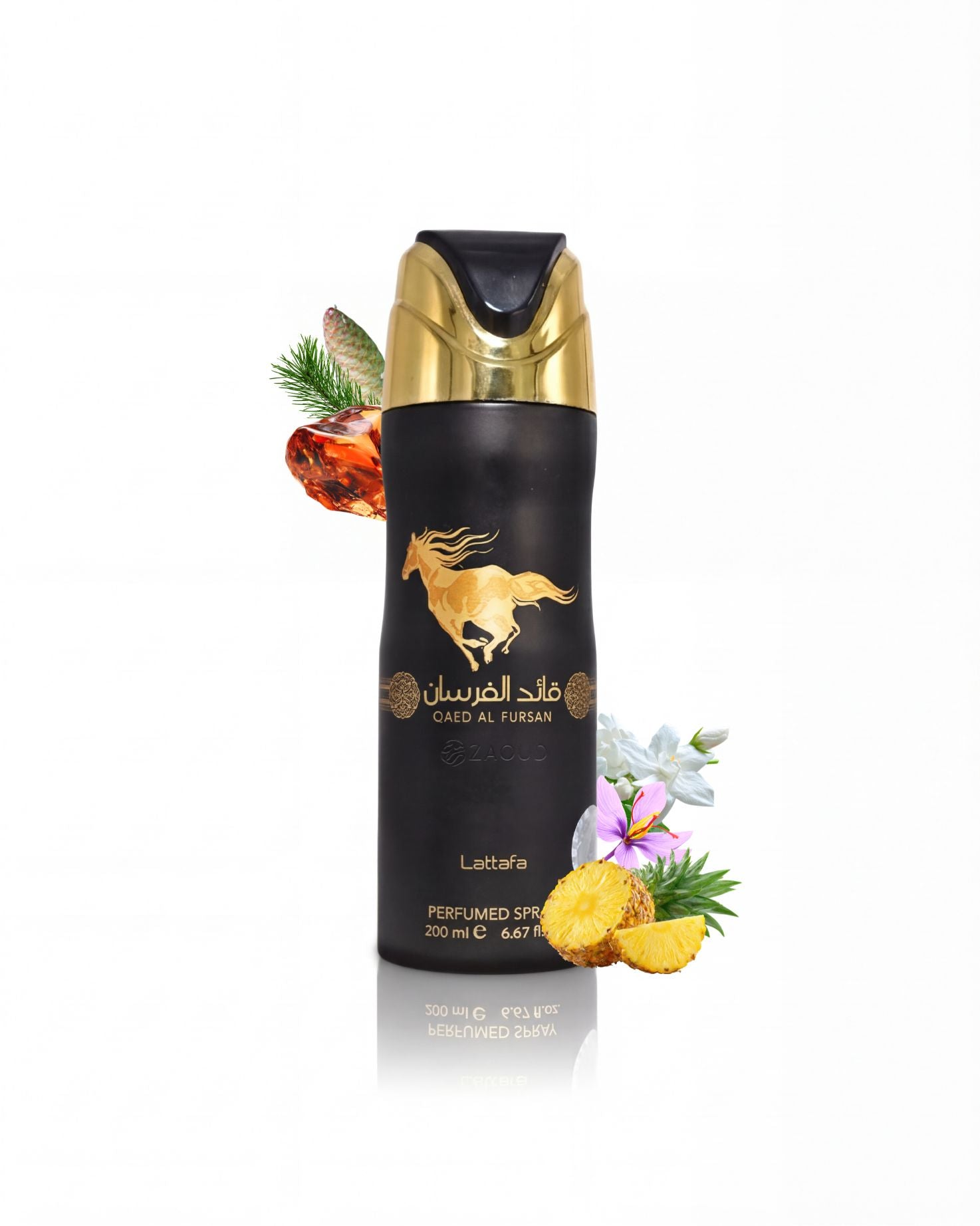 lattafa qaed al fursan black deodorant bottle surrounded by fragrance notes like pineapple and amber shows against white background