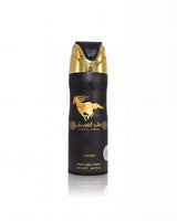 lattafa qaed al fursan black deodorant bottle shows against white background