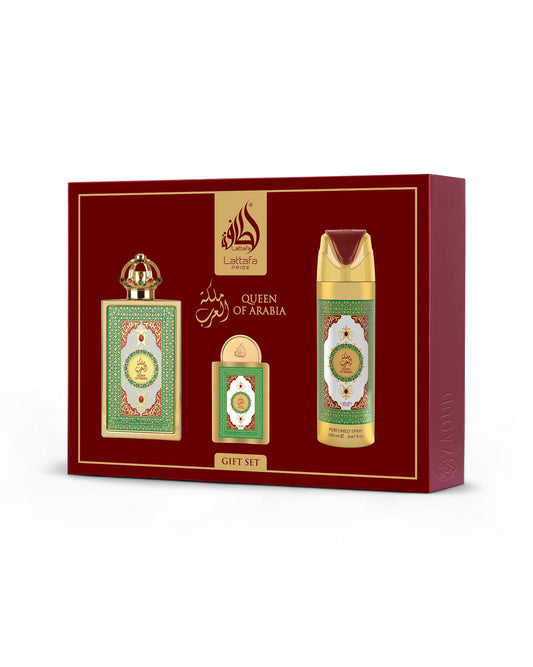 Lattafa Queen of Arabia gift set packaging on a white background