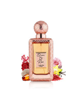 lattafa queen of roses perfume bottle surrounded by fragrance notes like saffron and rose shows against white background