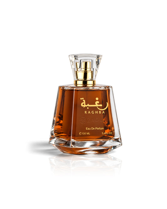 lattafa raghba perfume bottle with amber-brown liquid inside a clear glass bottle, featuring a gold spray nozzle and gold lettering on the front, set against a plain white background with a soft reflection.