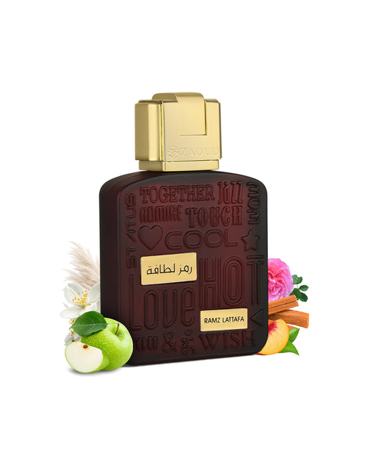 lattafa ramz gold perfume bottle surrounded with fragrance notes like APPLE and peony shows against white background