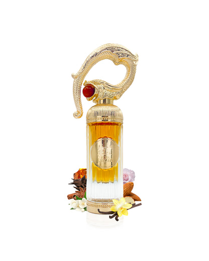 lattafa sehr perfume bottle surrounded by its ingredients like vanilla and jasmine with many others shows from behind the bottle against white background