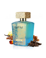 Perfume bottle with gold cap and decorative elements like oud and amber on a white background
