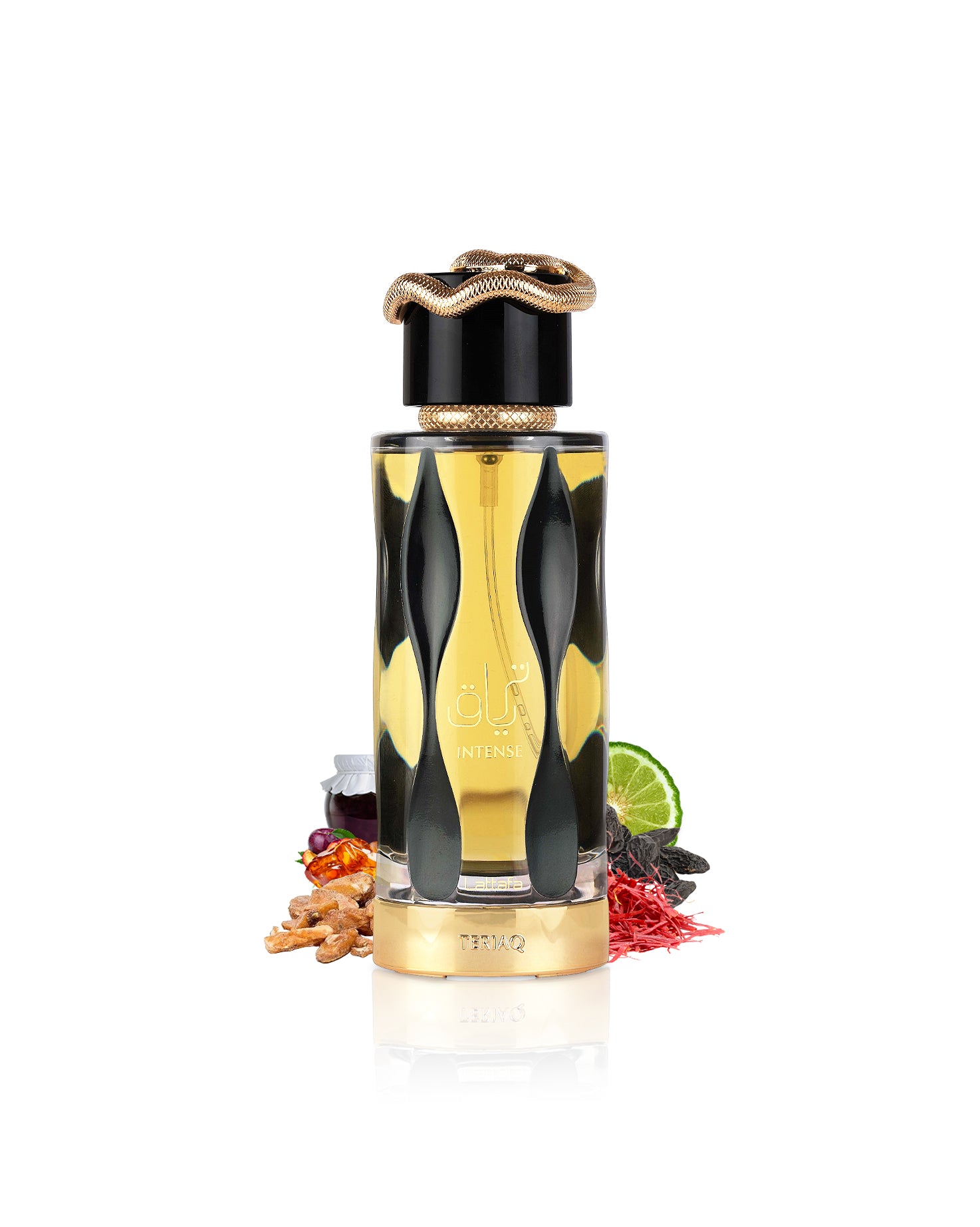 lattafa teriaq intense perfume bottle surrounded with fragrance notes like amber and saffron shows from behind the bottle against white background