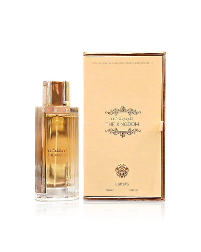LATTAFA the kingdom for women Perfume bottle and packaging with 'The Kingdom' branding on a white background