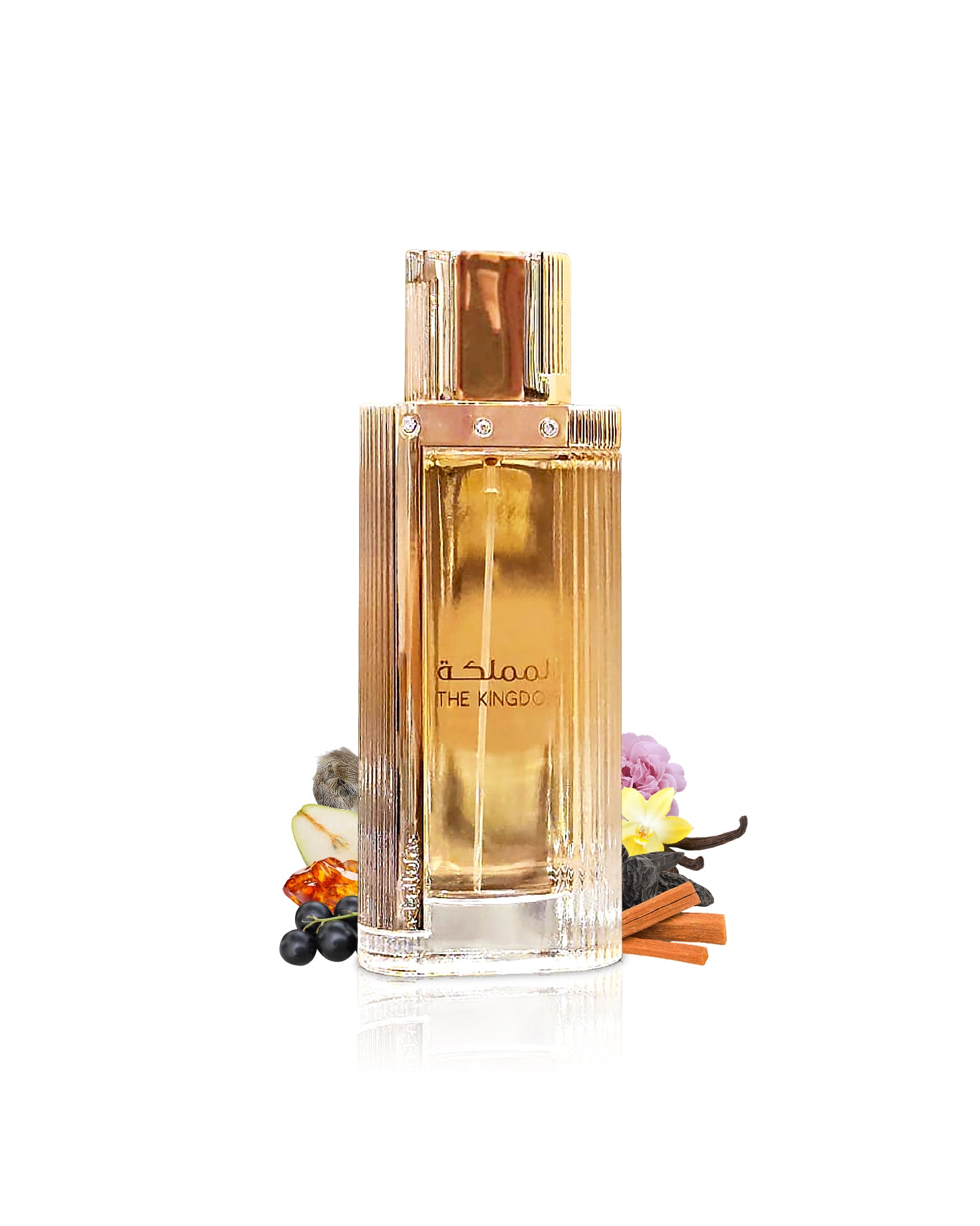LATTAFA the kingdom for women Perfume bottle with decorative elements like juniper and vanilla on a white background