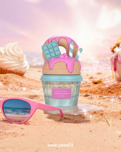 lattafa vanilla freak give me gormand product on a beach with sunglasses and ocean view