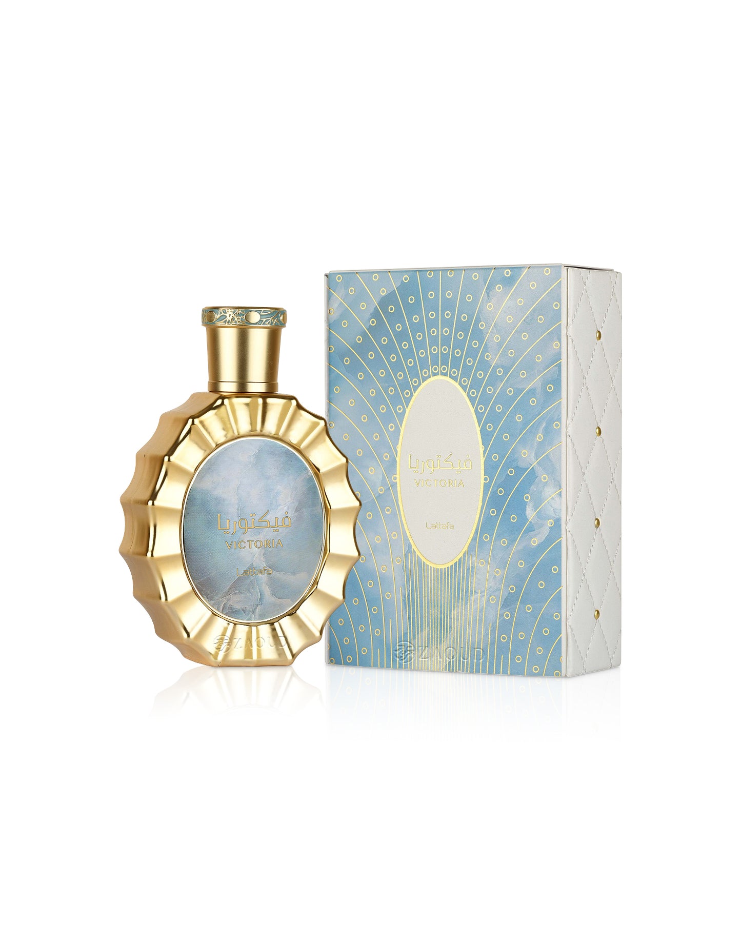 lattafa victoria perfume bottle shows beside its box against white background