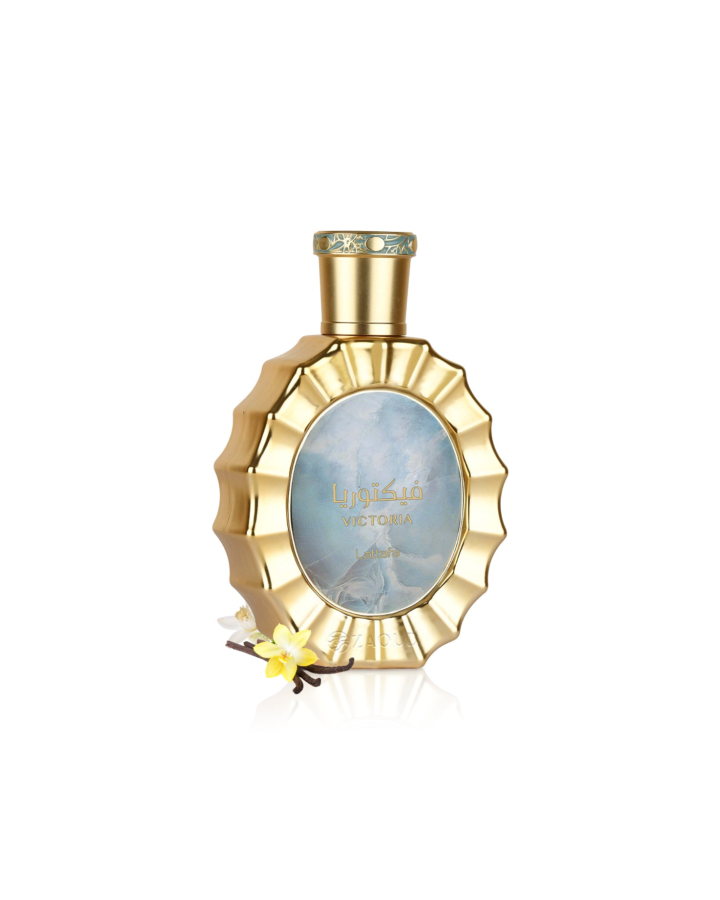 lattafa victoria perfume bottle surrounded with fragrance notes like jasmine and vanillla shows against white background