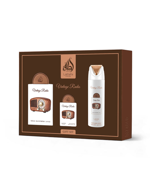 Lattafa Gift set with a bottle and two boxes labeled 'Vintage Radio' on a brown box.