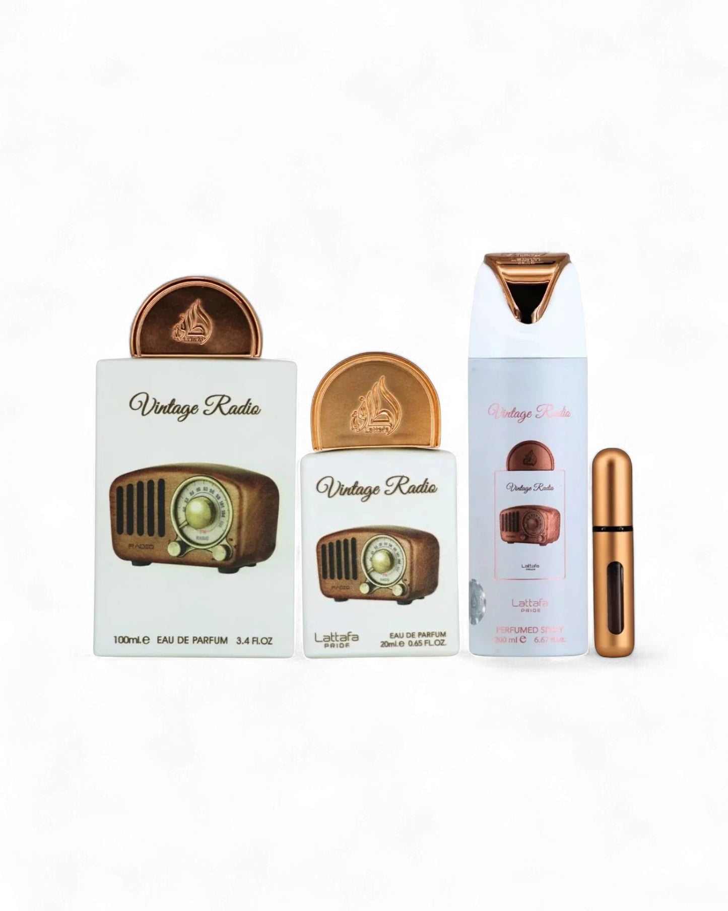 lattafa vintage radio perfume bottles and deodorant bottle also a automizer shows against white background