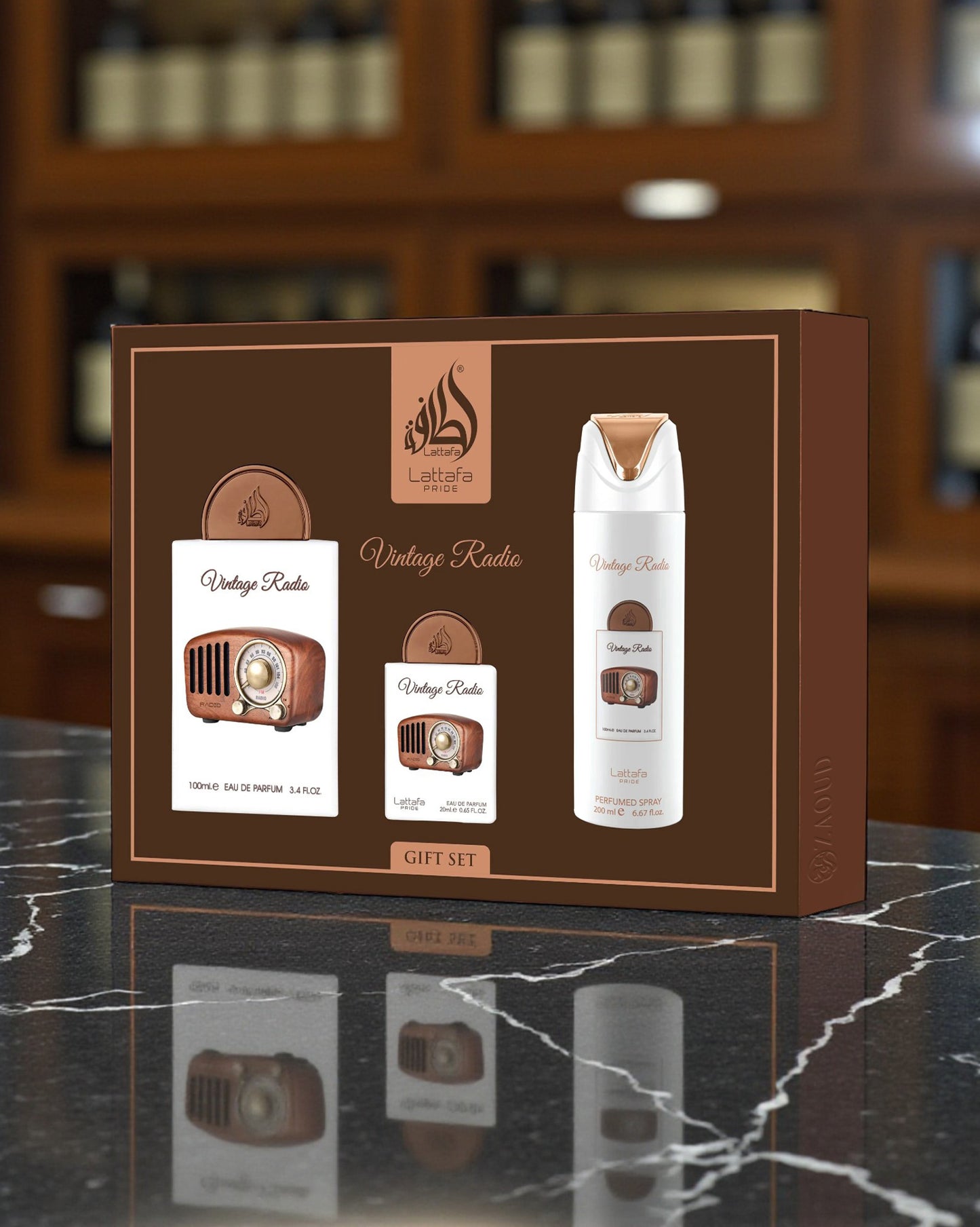 lattafa vintage radio Gift set with a bottle and two cards on a brown box against a blurred background
