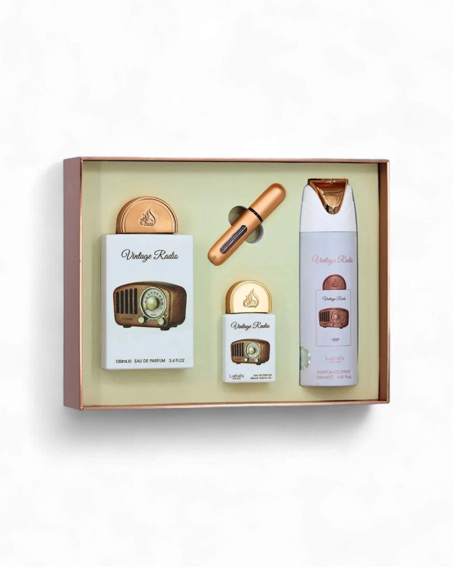 lattafa vintage radio perfume bottle and deodorant bottle inside the gift set against white background