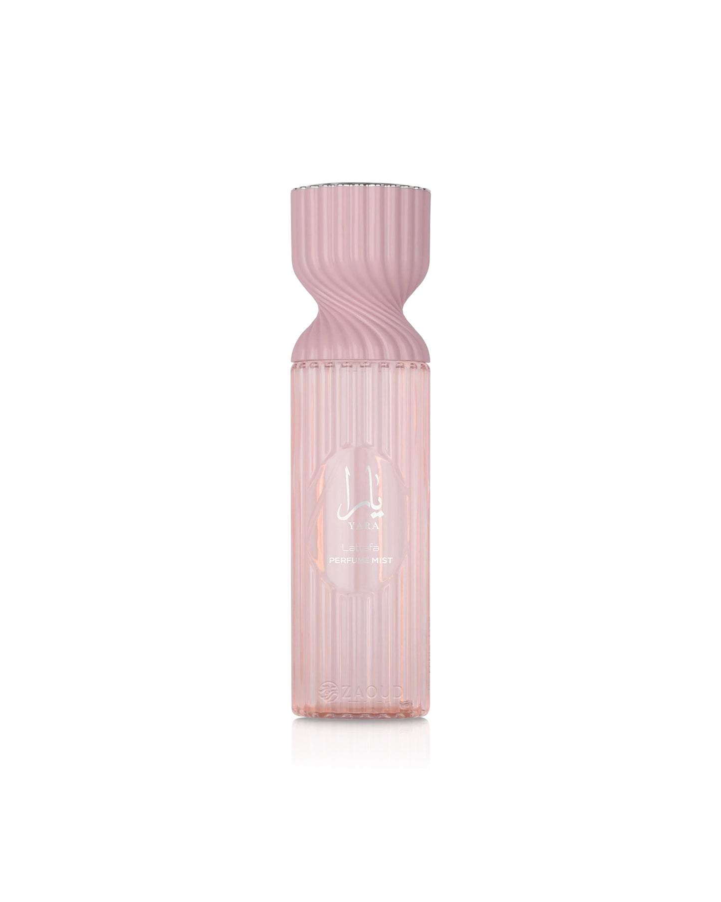 lattafa yara perfume mist Pink ribbed bottle on a white background