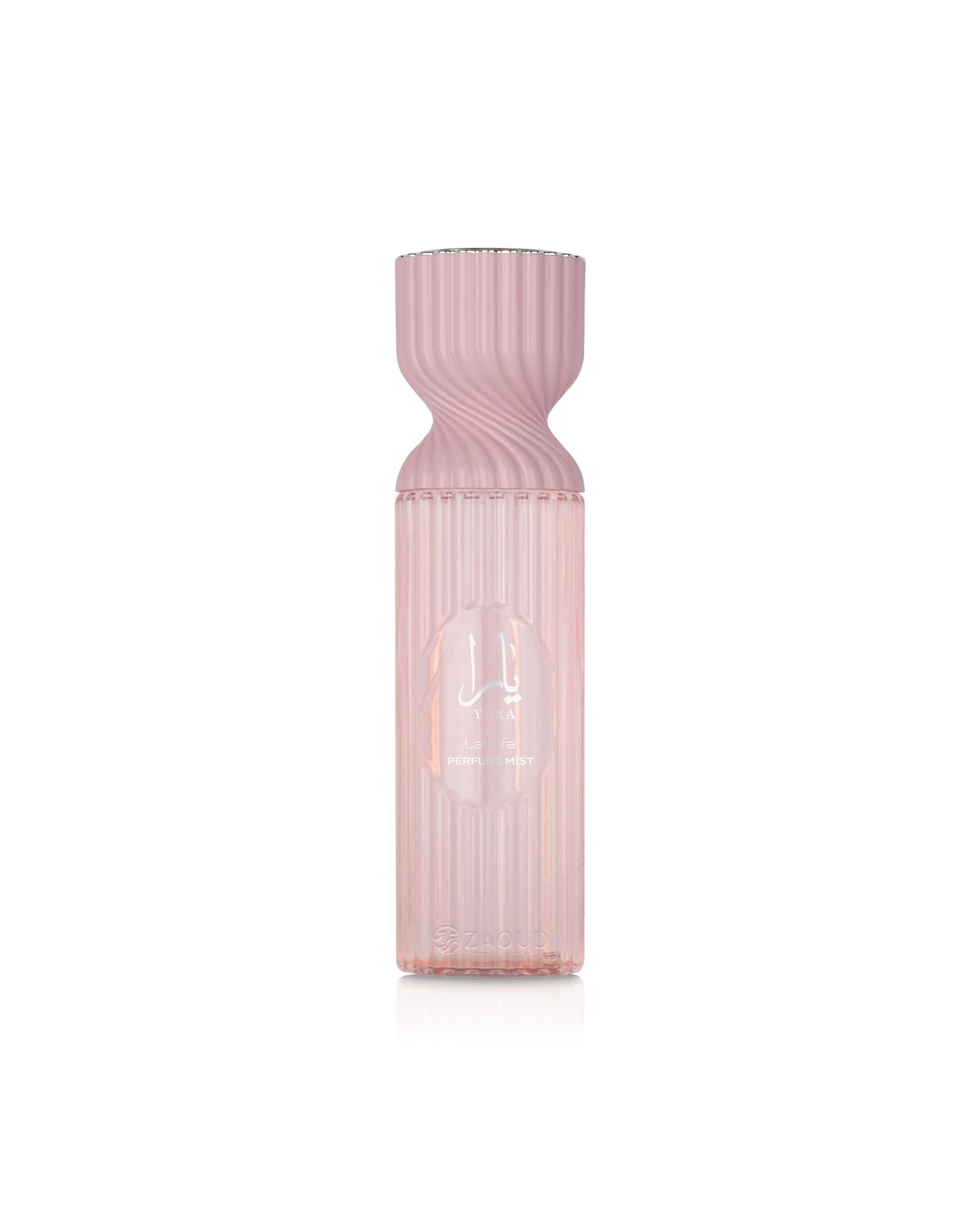 lattafa yara perfume mist Pink ribbed bottle on a white background