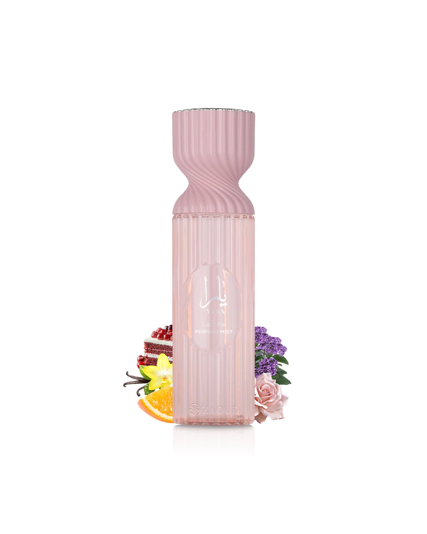 lattafa yara perfume mist Pink ribbed bottle with flowers and fruits on a white background
