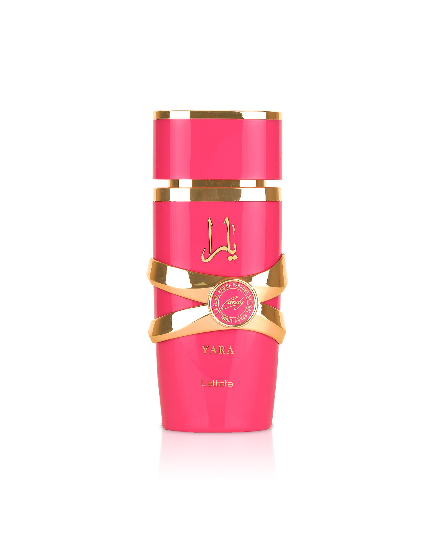 Lattafa yara candy pink perfume bottle shows against white background