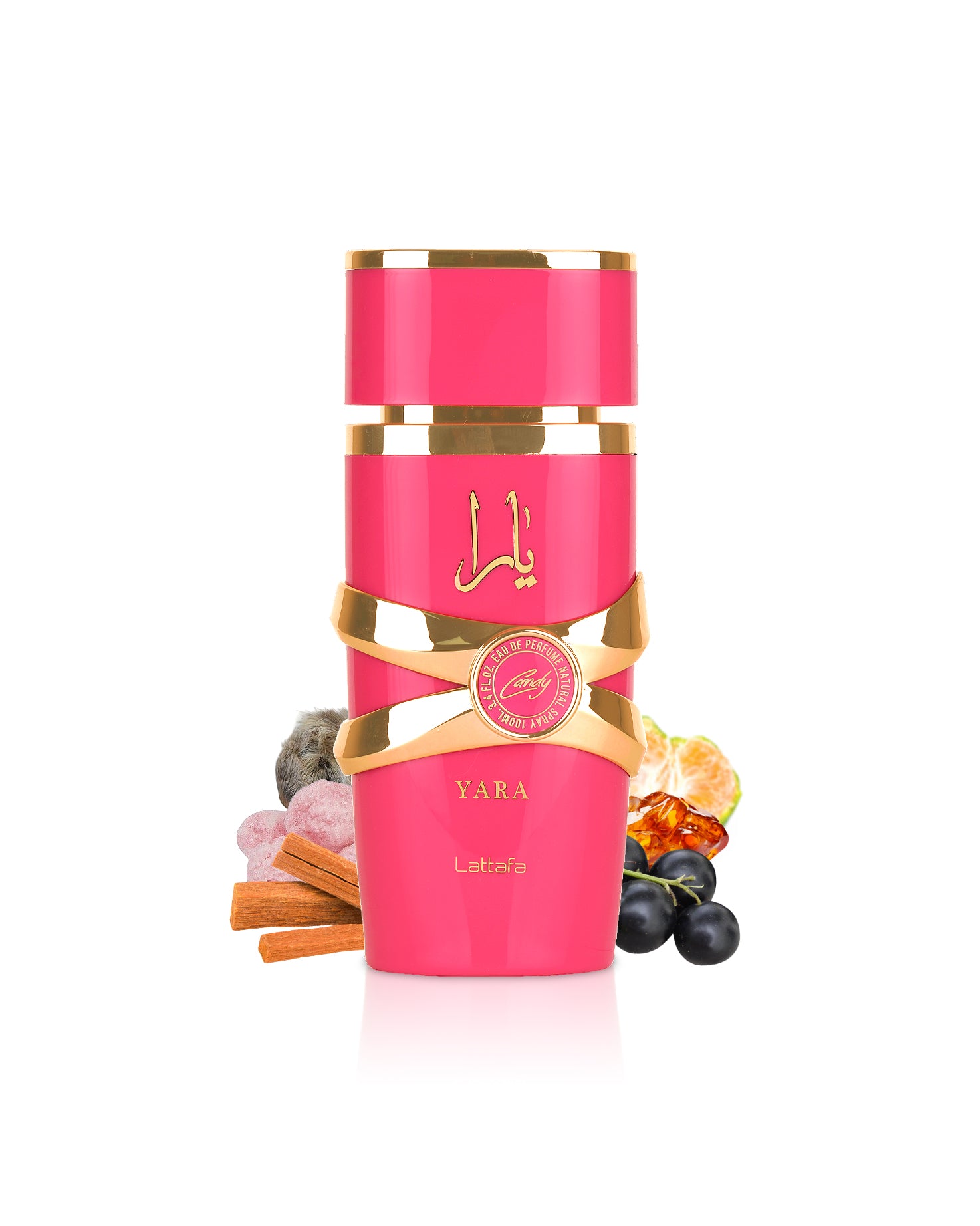 Lattafa yara candy pink perfume bottle surrounded with fragrance notes like amber and candy shows from behind the bottle against white background