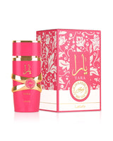 Lattafa yara candy pink perfume bottle shows beside its box against white background