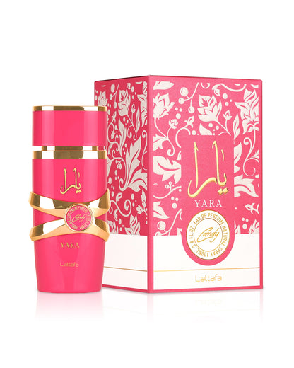 Lattafa yara candy pink perfume bottle shows beside its box against white background