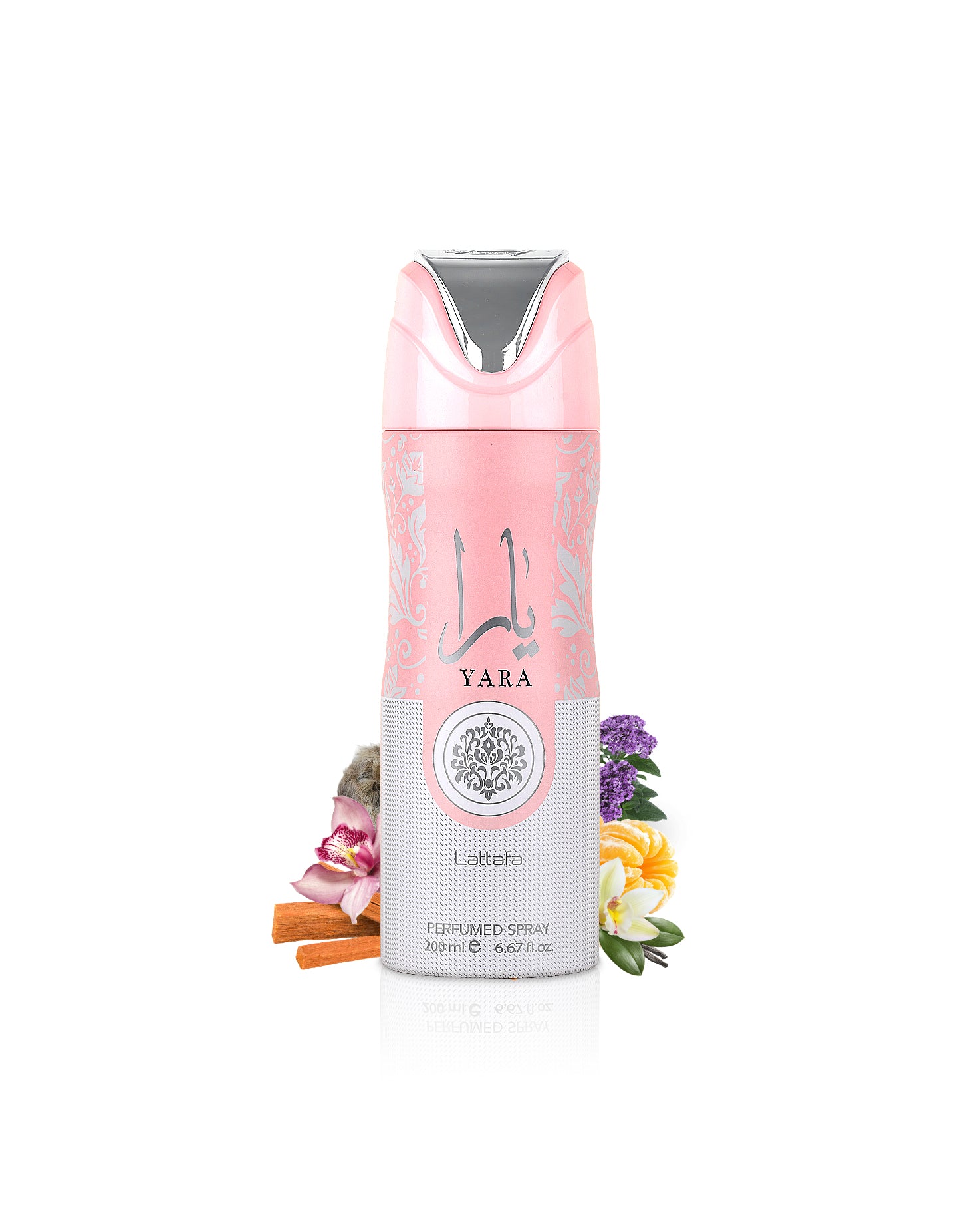 lattafa yara deodorant bottle surrounded with fragrance notes like vanilla and heliotrop shows against white background