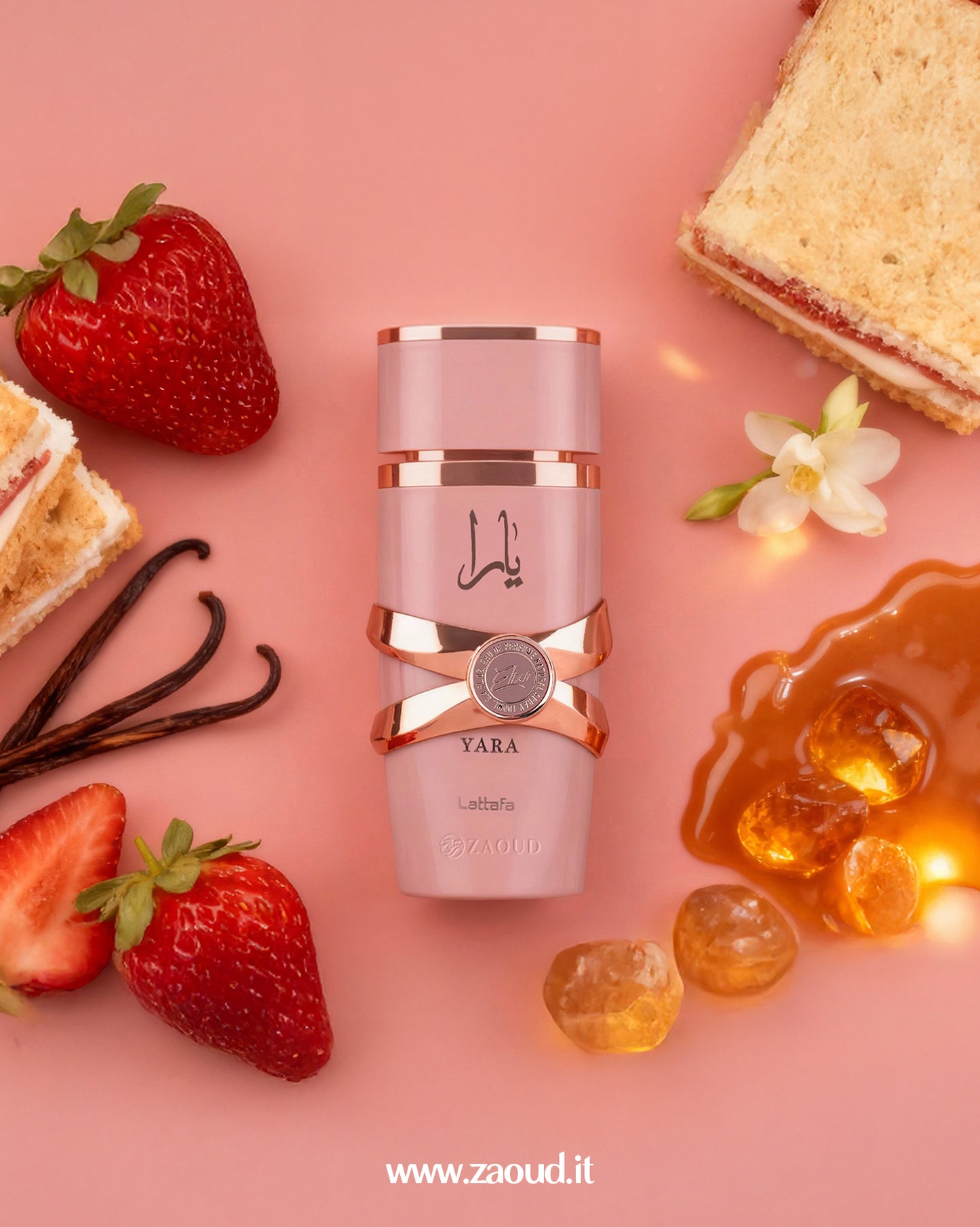 Close-up shot of the Yara Elixir perfume bottle by Lattafa, styled with sweet elements like ripe strawberries, aromatic vanilla pods, and glistening caramel, suggesting a delightful fragrance experience.