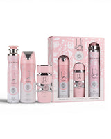 lattafa Yara perfume gift set featuring full packaging beside deodorant and air freshener bottle shows against white background