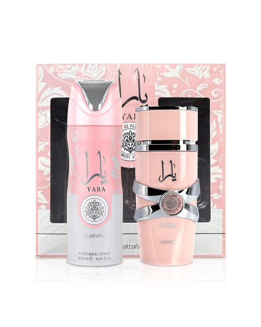 lattafa yara giftset box shows infront of perfume and yara deodorant against white background