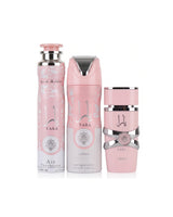 lattafa yara perfume bottle beside deodorant and air freshener can shows against white background