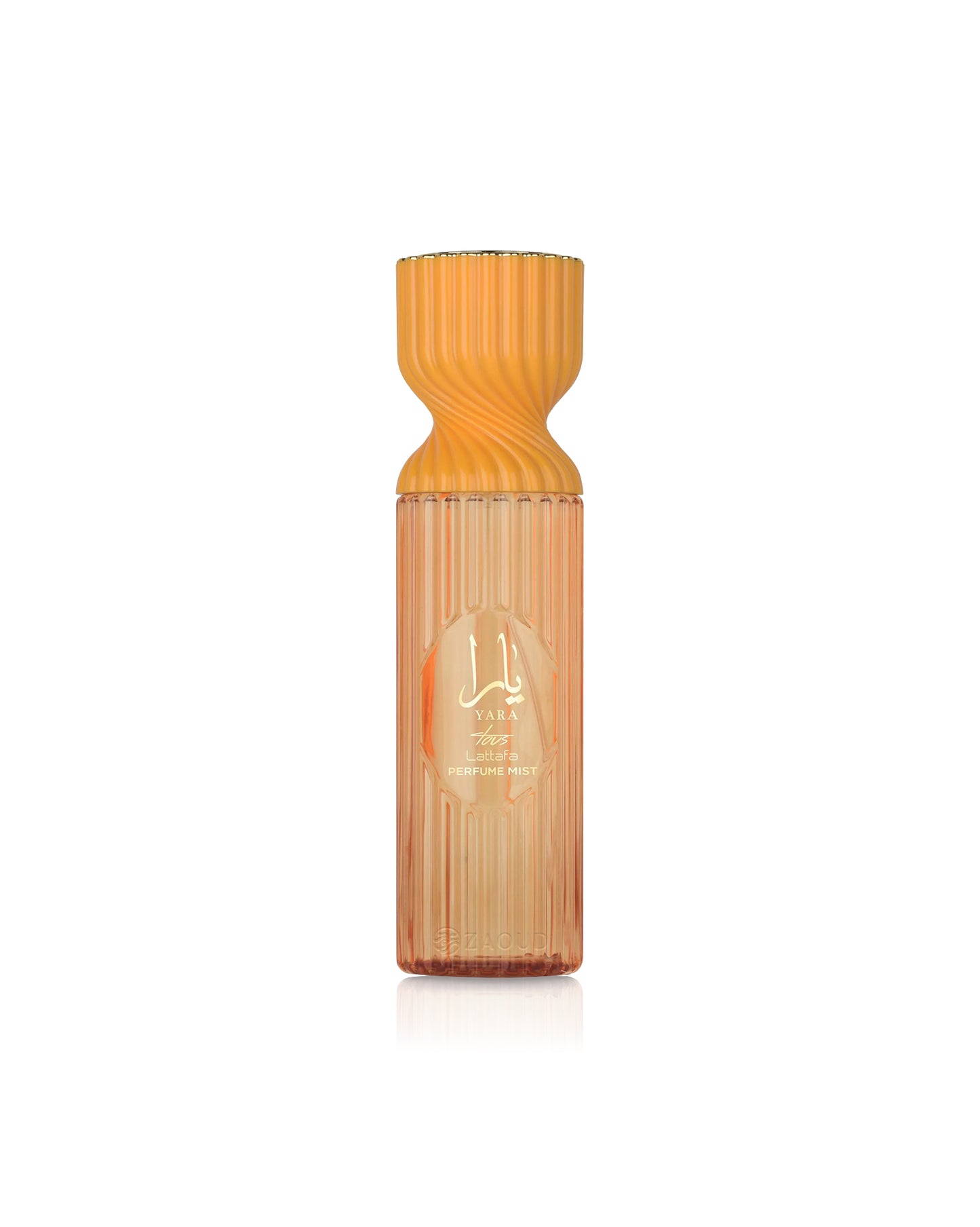 lattafa yara tous perfume mist bottle with a textured design on a white background