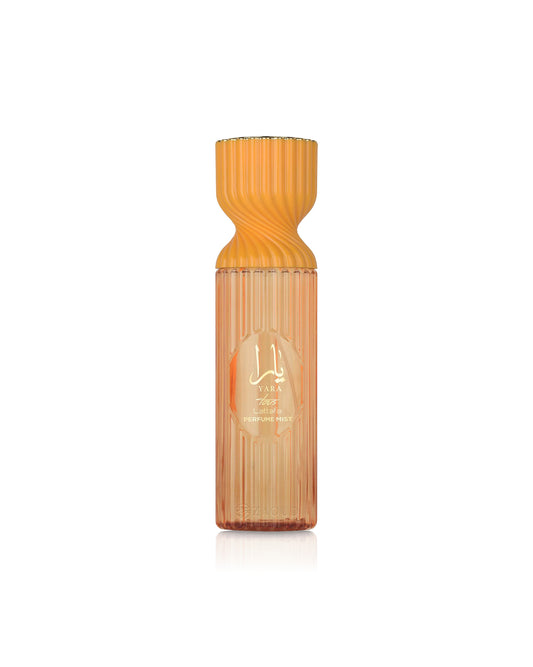 lattafa yara tous perfume mist bottle with a textured design on a white background