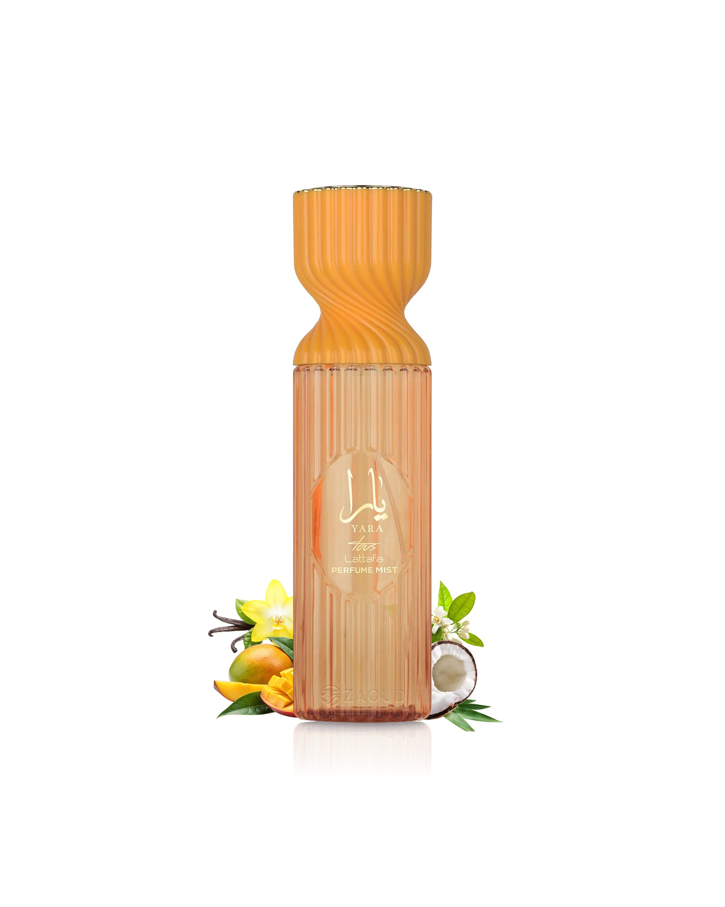 lattafa yara tous perfume mist bottle with a tropical fruit design on a white background