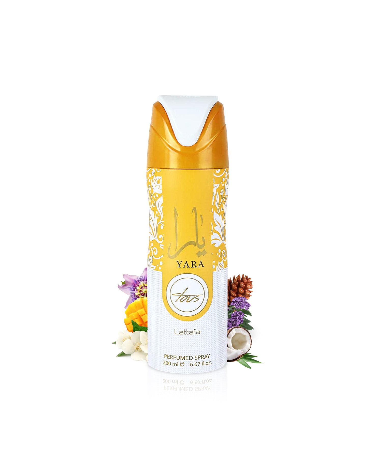 lattafa yara tous deodorant bottle surrounded with fragrance notes like coconut and mango shows from behind the bottle against white background