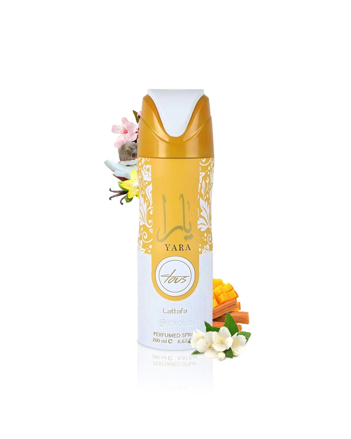 lattafa yara tous deodorant bottle surrounded with fragrance notes like coconut and mango shows from behind the bottle against white background