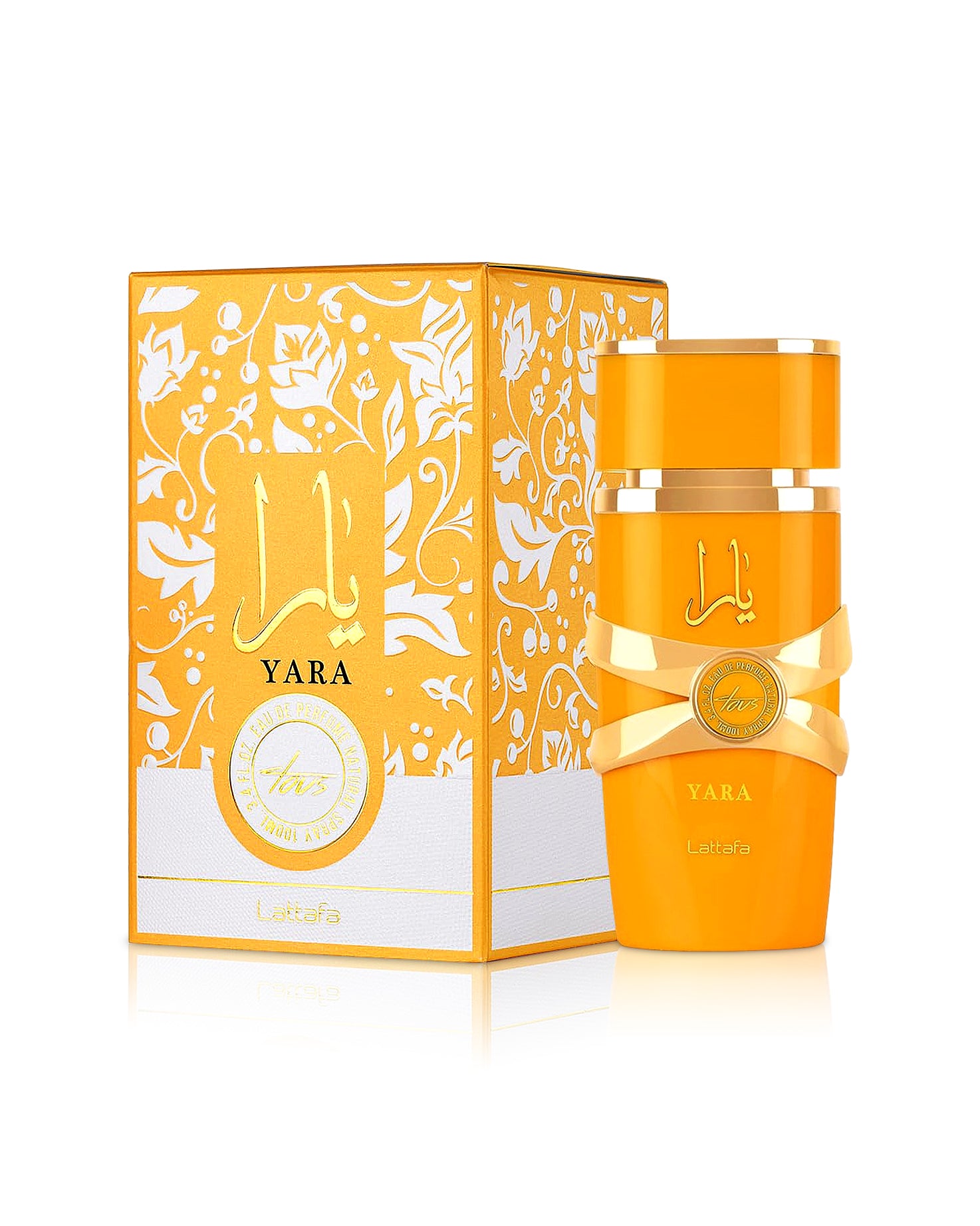 lattafa yara tous perfume bottle shows beside its box against white background