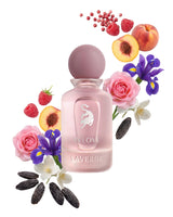 laverne in love perfume bottle surrounded with fragrance notes like iris and rose shows against white background