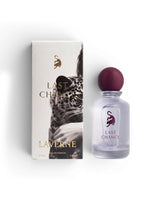Laverne Last Chance Eau de Parfum bottle and its packaging box, featuring a leopard graphic and gold lettering on a white background.