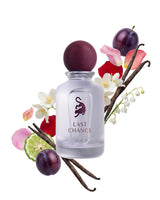 laverne last chance perfume bottle surrounded by fragrance notes like plum and flowers shows against white background