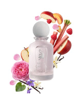 laverne musk garden perfume bottle surrounded with fragrance notes like rose and fruits shows against white background