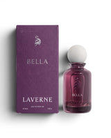 Laverne Bella perfume bottle and its matching purple packaging box, featuring a white spherical cap on the bottle.