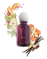 Laverne bella perfume bottle surrounded by fragrance notes like vanilla and fruits shows against white background