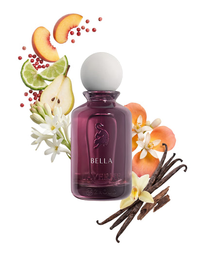 Laverne bella perfume bottle surrounded by fragrance notes like vanilla and fruits shows against white background