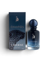 Laverne Champion Eau de Parfum bottle and its packaging box, featuring a dark blue gradient design with a leopard graphic and silver branding.