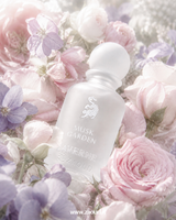 White bottle of Musk Garden L'avenue perfume surrounded by pink and purple flowers