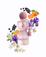laverne sense perfume bottle surrounded with fragrance notes like iris and jasmine shows against white background