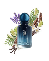 laverne tyrant perfume bottle surrounded with fragrance notes like oud wood and lavender shows against white background