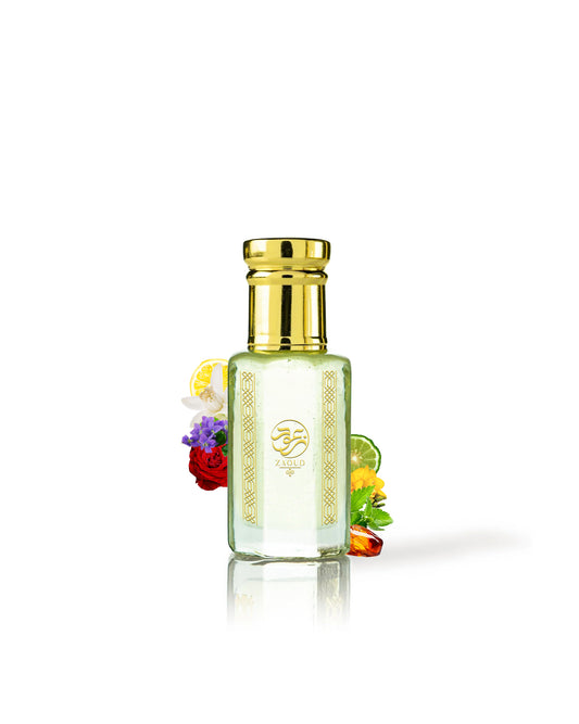 layali blu perfume oil bottle surrounded with fragrance notes like citrus and lemon from behind the bottle against white background