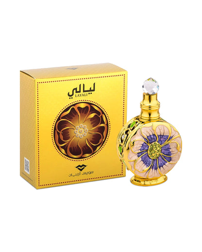 layali eau de parfum by swiss arabian perfume bottle shows beside its box against white background